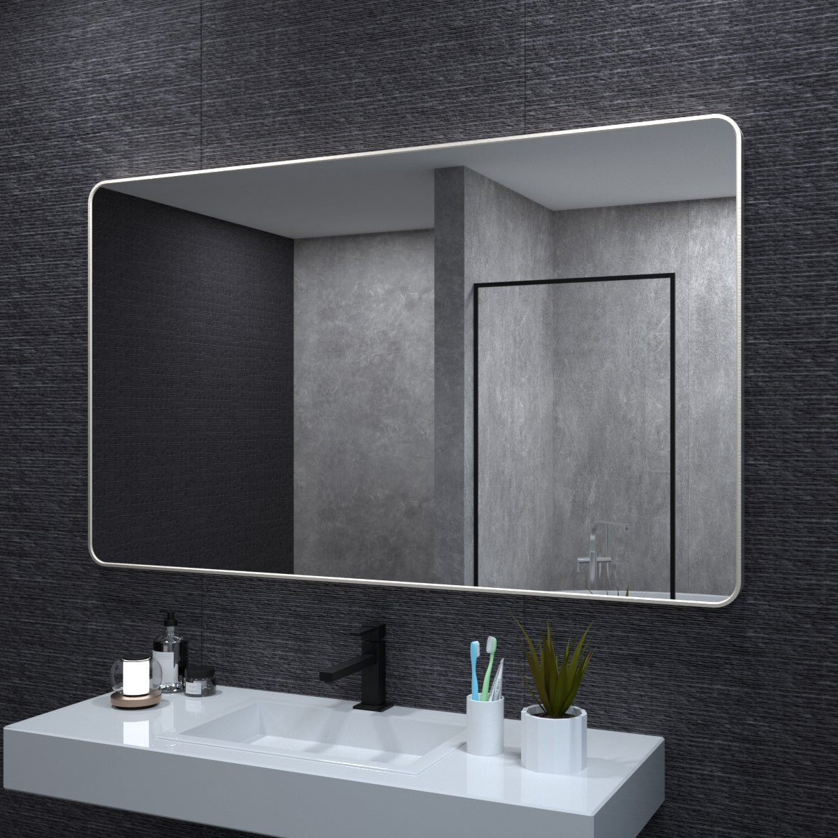 60X36 In. Aluminum Framed Rounded Rectangle Bathroom Wall Mirror, Brushed Nickel Bathroom Vanity Mirror Farmhouse, Anti Rust, Tempered Glass Mirrors, Hangs Horizontally Or Vertiy Brushed Nickel Aluminum