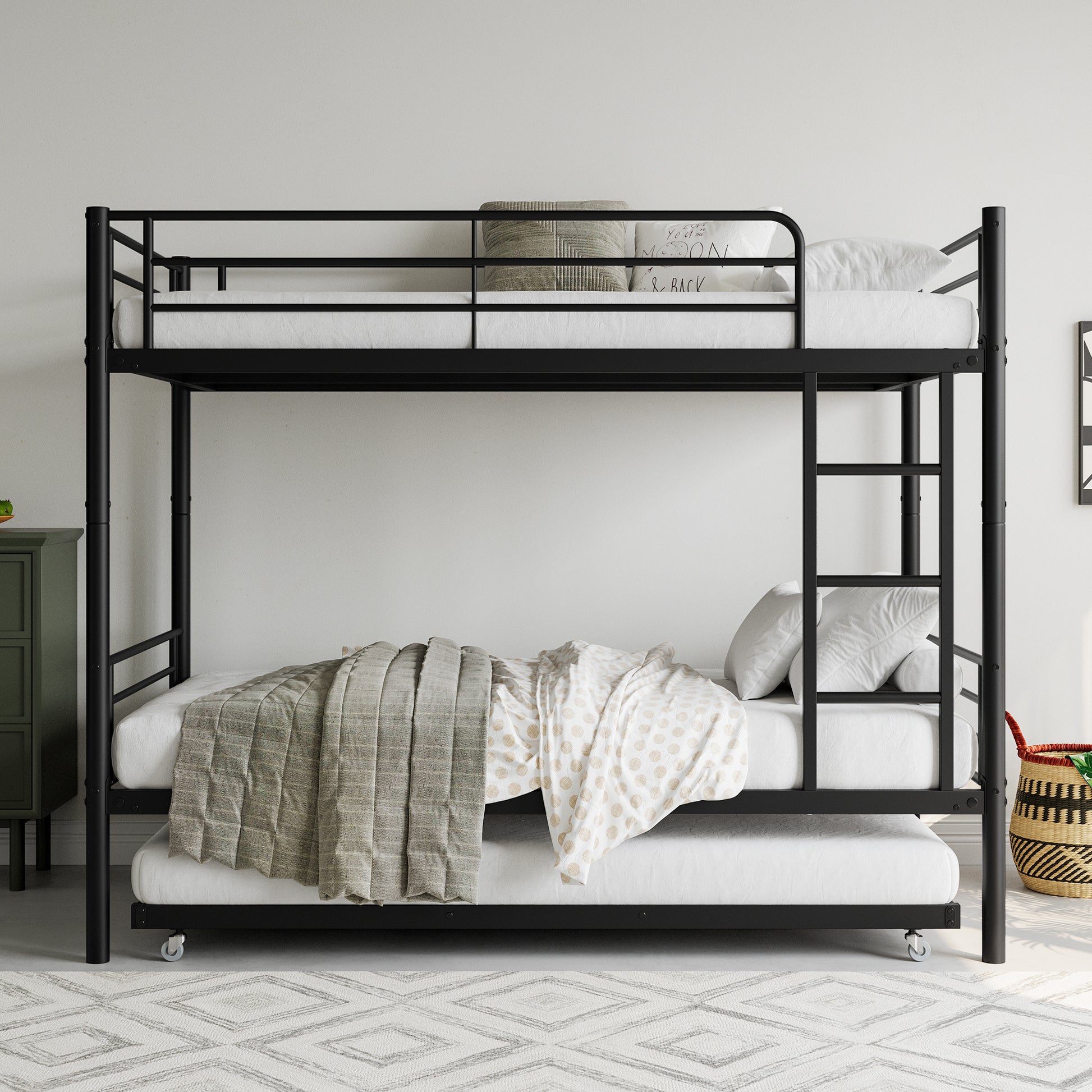 Twin Bunk Bed With Trundle Metal Bunkbeds With Ladder And Full Length Guardrail, Noise Free, No Box Spring Needed, Black Box Spring Not Required Twin Black Metal Bedroom Modern Bunk Metal Metal