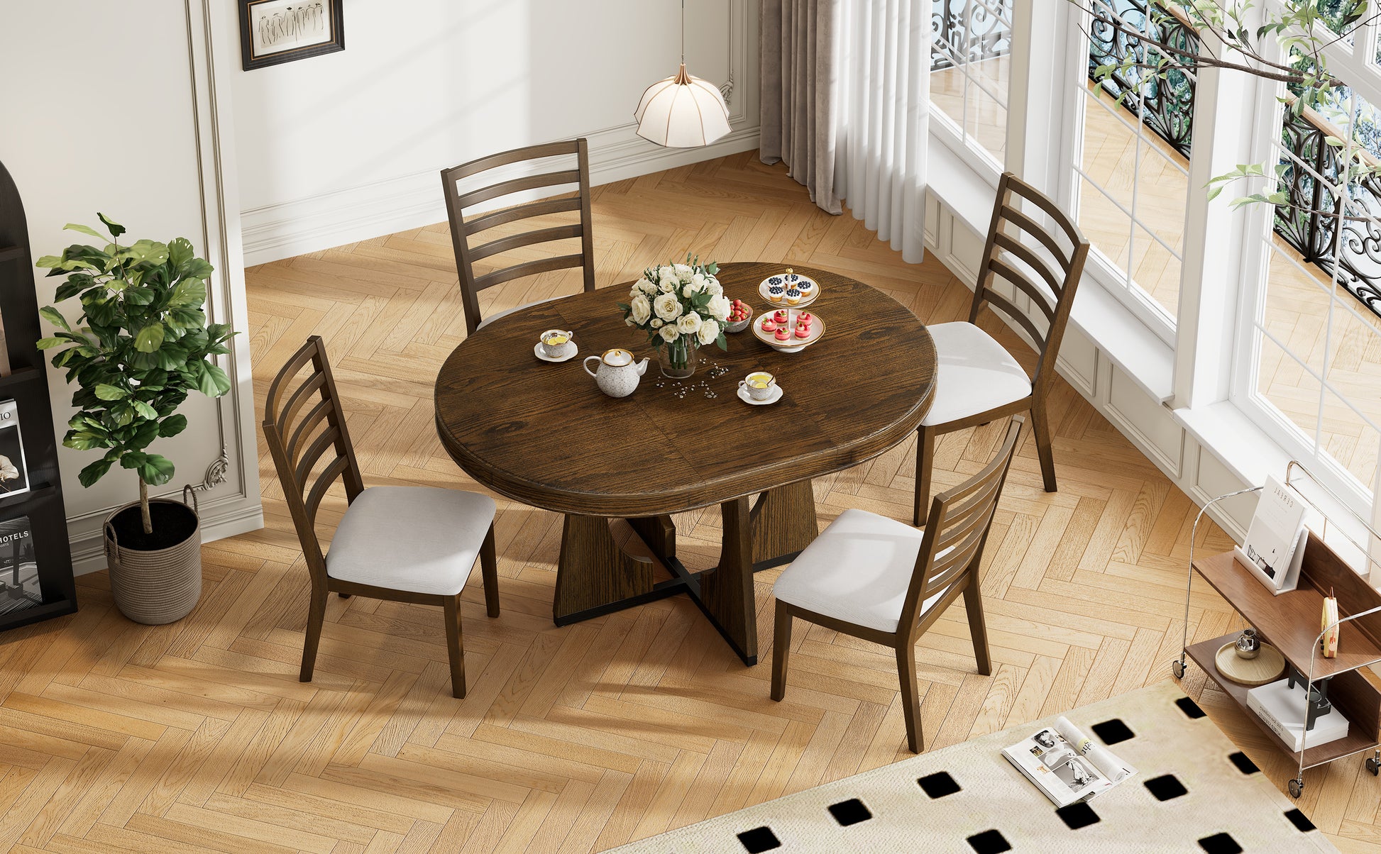 5 Piece Retro Rustic Functional Dining Set Unique Geometric Design, 1 Extendable Table With A 16 Inch Leaf And 4 Upholstered Chairs Ideal For Dining Room And Kitchen Walnut Walnut Solid Wood Mdf