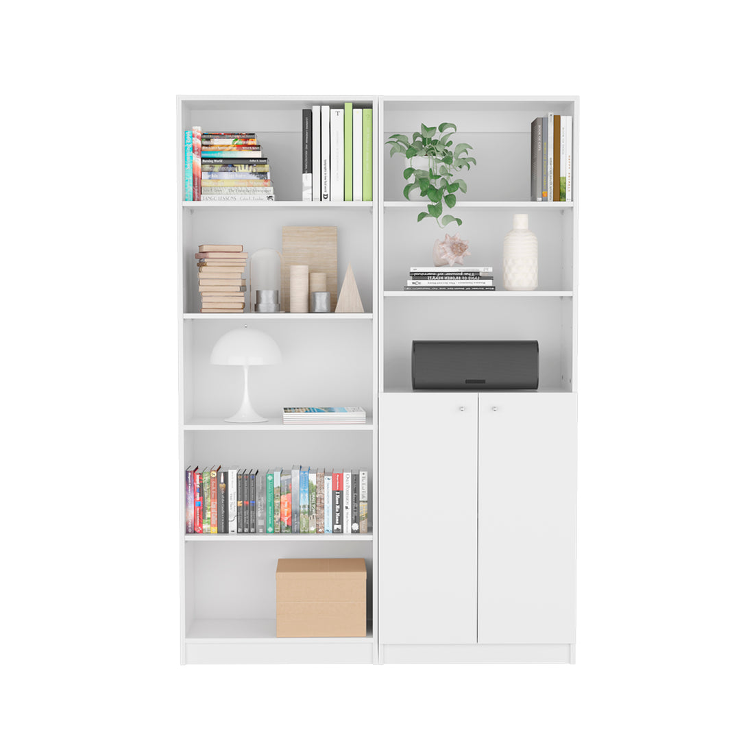 Layton 2 Piece Home Bookcase Set, 49" Wide With 8 Shelves And Double Door Cabinet, Living Room Set White White Particle Board