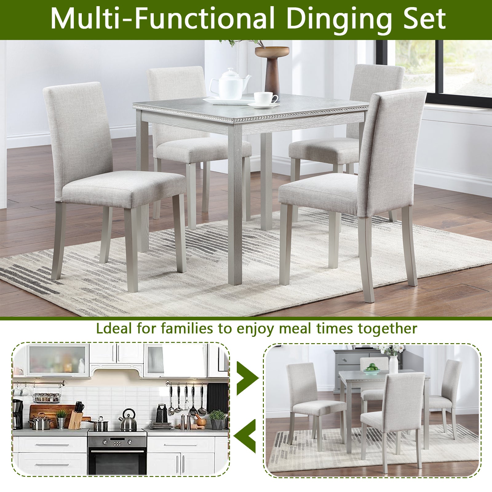 5 Piece Wooden Dining Table Set, Kitchen Table Set With A Square Table And 4 Upholstered Chairs, Wooden Dining Room Table With Crystal Decoration And Chairs Set For Kitchen, Dining Room, Silver Grey Beige Silver Gray Seats 4 Dining Room 4 Leg Square