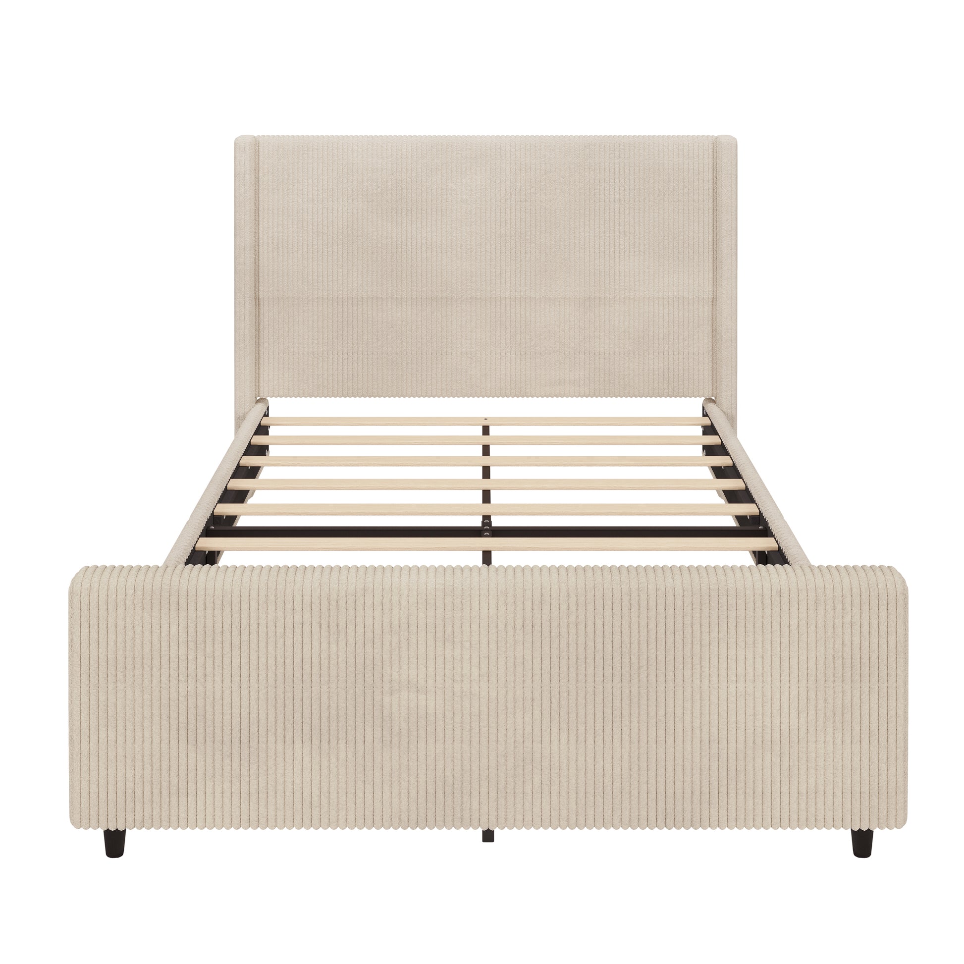 50.7'' High Headboard Corduroy Upholstered Bed Frame With Vertical Stripe Wingback And High Footboard No Box Spring Needed, Queen Size, Cream Box Spring Not Required Queen Cream Wood Bedroom Modern Bed Frame Wood