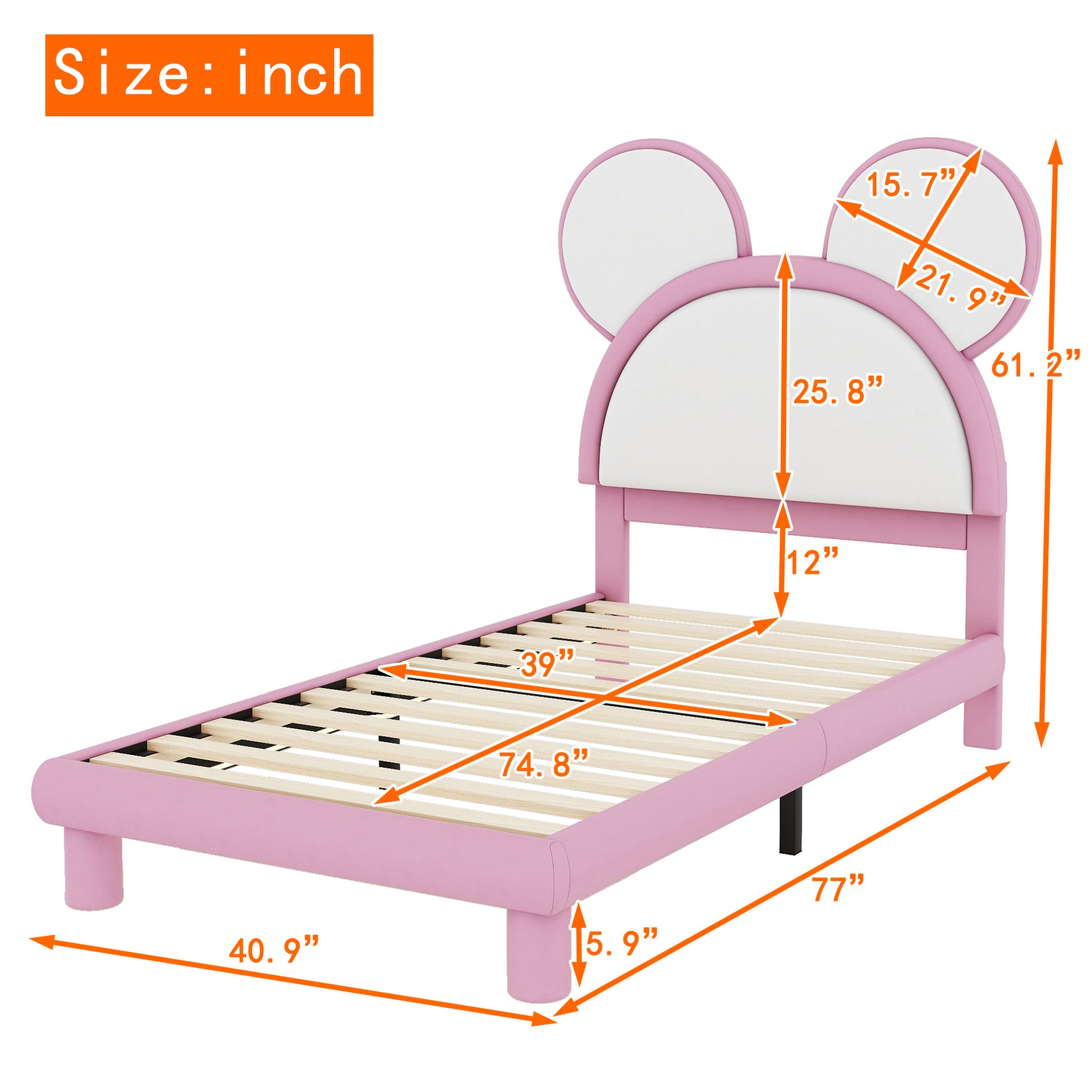 Twin Size Upholstered Platform Bed With Cartoon Ears Shaped Headboard And Led, White&Pink Box Spring Not Required Twin White Pink Bedroom Bed Frame Faux Leather Upholstered