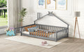 Twin House Shaped Bedside Floor Bed With Guardrails, Slats, With Door,Grey Twin Grey American Design Pine