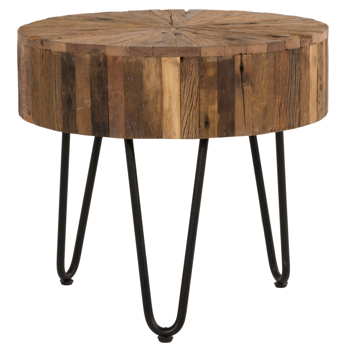 Contemporary 22 In. Round Reclaimed Wood Accent End Table, Iron Hairpin Legs, Living Room Side Table, Brown And Black Black Brown Brown Primary Living Space Contemporary,Industrial Freestanding Round Wood Metal