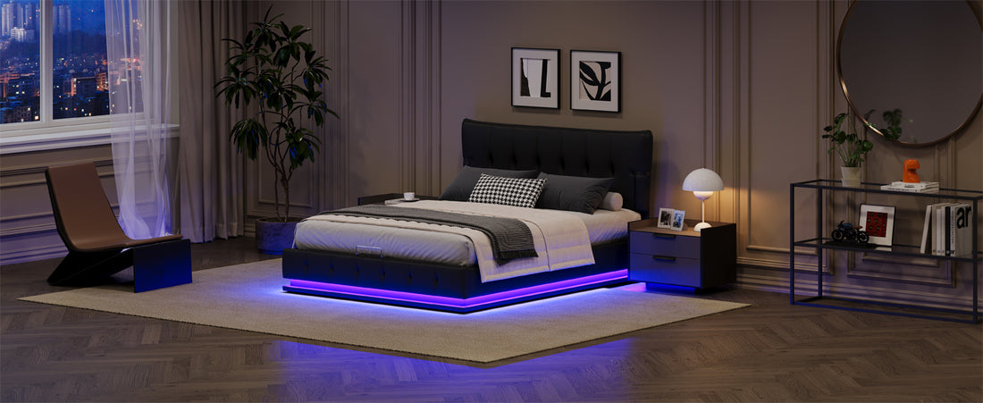 Upholstered Platform Queen Size Hydraulic Storage Bed, Lift Up Storage Bed With Rgb Led Light, Pu Leather Headboard And Footboard, No Box Spring Needed, Black Queen Black Wood Metal