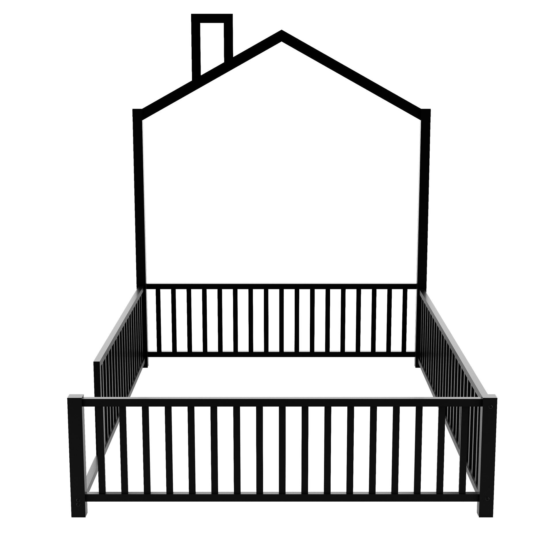 Full Size Metal House Platform Bed With Guardrail And Chimney, Black Box Spring Not Required Full Black Metal Metal