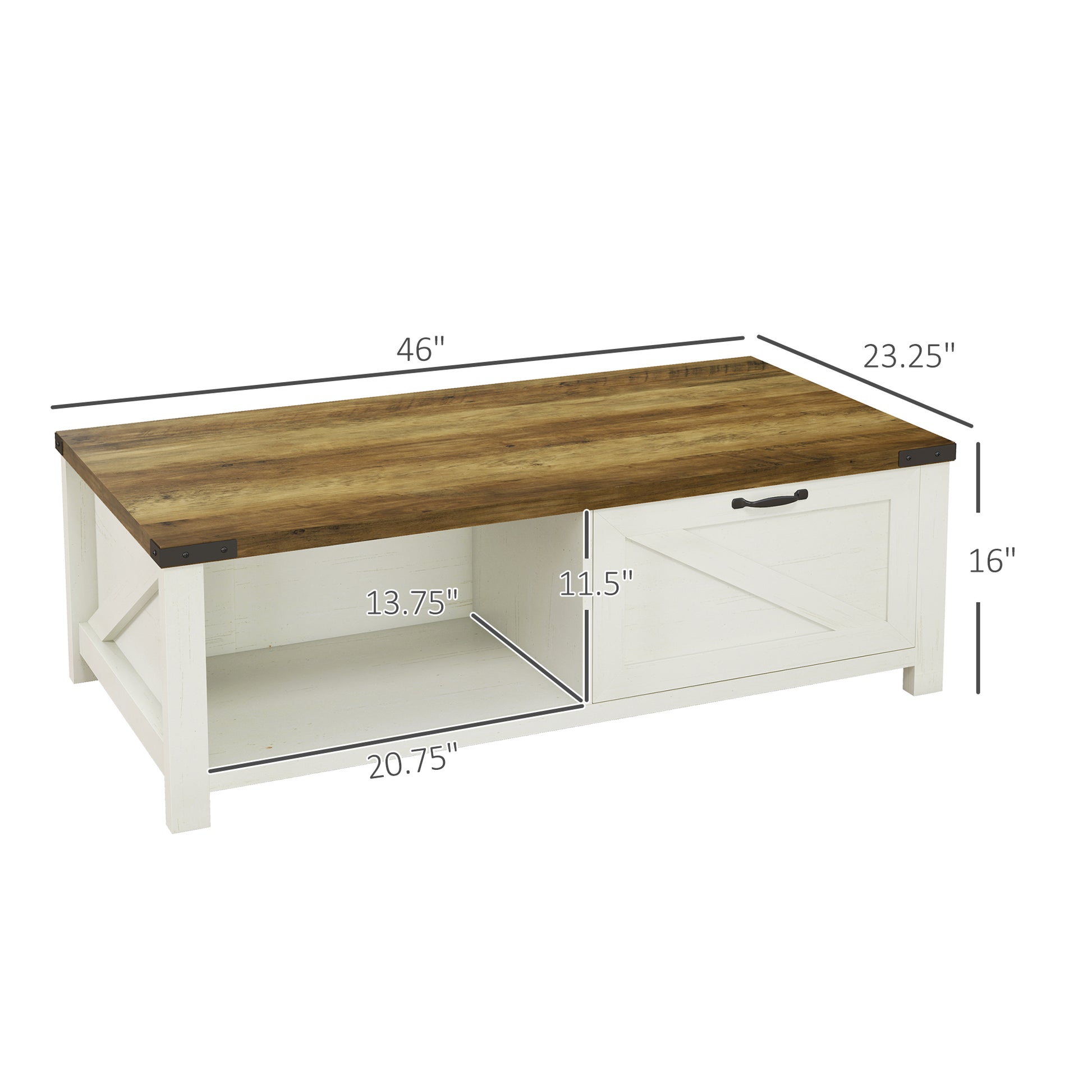 Homcom Farmhouse Coffee Table With Storage And Drawer, Rustic Coffee Table For Living Room, Open Shelf, White White Deep Walnut Particle Board