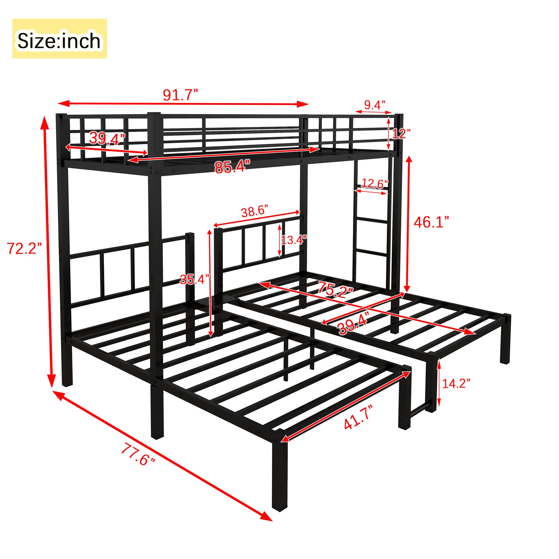 Twin Over Twin & Twin Bunk Beds For 3, Twin Xl Over Twin & Twin Bunk Bed Metal Triple Bunk Bed, Black Black Metal