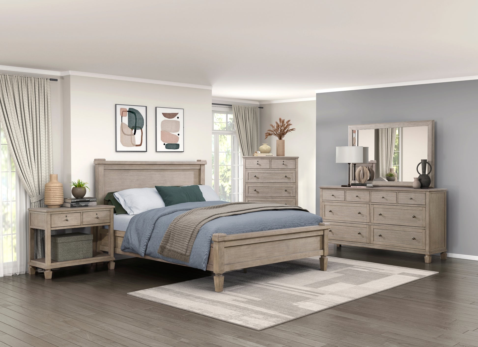 Gray Oak Finish Platform Queen Canopy Bed 1Pc Durable Wooden Bedroom Furniture Poster Bed Box Spring Not Required Queen Oak Wood Bedroom Canopy Wood