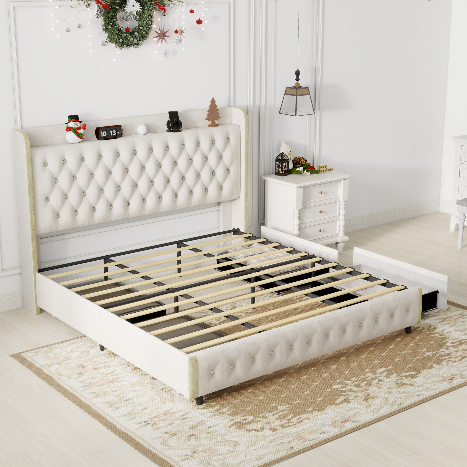 Queen Size Bed Frame With 4 Drawers, Star Projector Galaxy Light, Wingback Upholstered Headboard With Diamond Button, Usb Charger And Music Speaker, Pu Leather Cream Mdf Metal