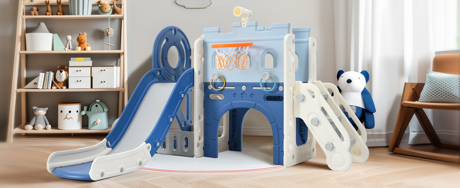 9 1 Toddler Slide Set,Kids Slide For Toddlers Ages 1 , Basketball Hoop, Tunnel And Storage Space, Pirate Themed Slide Indoor& Outdoor Blue 100 149 Lbs Cute 1 To 2 Years Hdpe Indoor & Outdoor Use