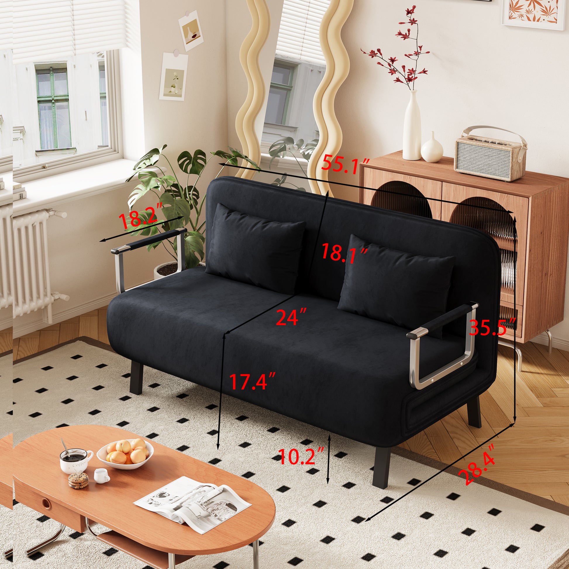 Velvet Black 55 Convertible Chair Bed, Tri Fold Sofa Bed With Adjustable Backrest & Pillow, Leisure Chaise Lounge Couch With Sturdy Steel Frame For Home & Office, Comfortable Sleeper Chair Black Velvet Metal Primary Living Space Medium Firm Contemporary