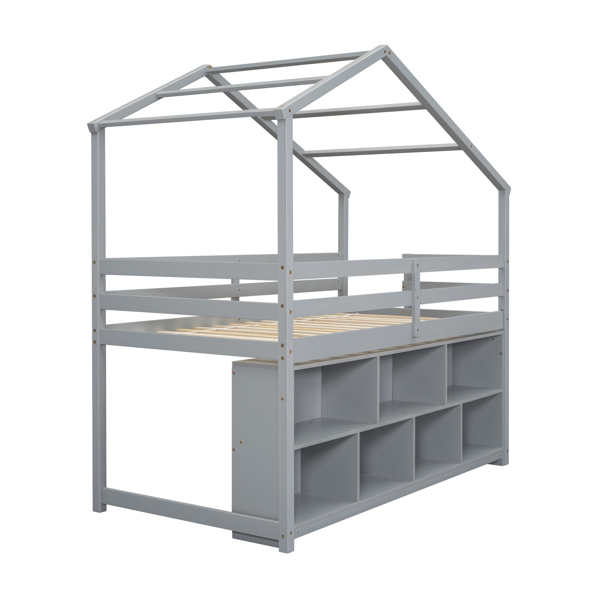 Twin House Loft Bed With Roof Frame, Under Bed Shelving Storage Unit, Guardrails, Ladder,Grey Twin Gray Bedroom American Design Pine Pine