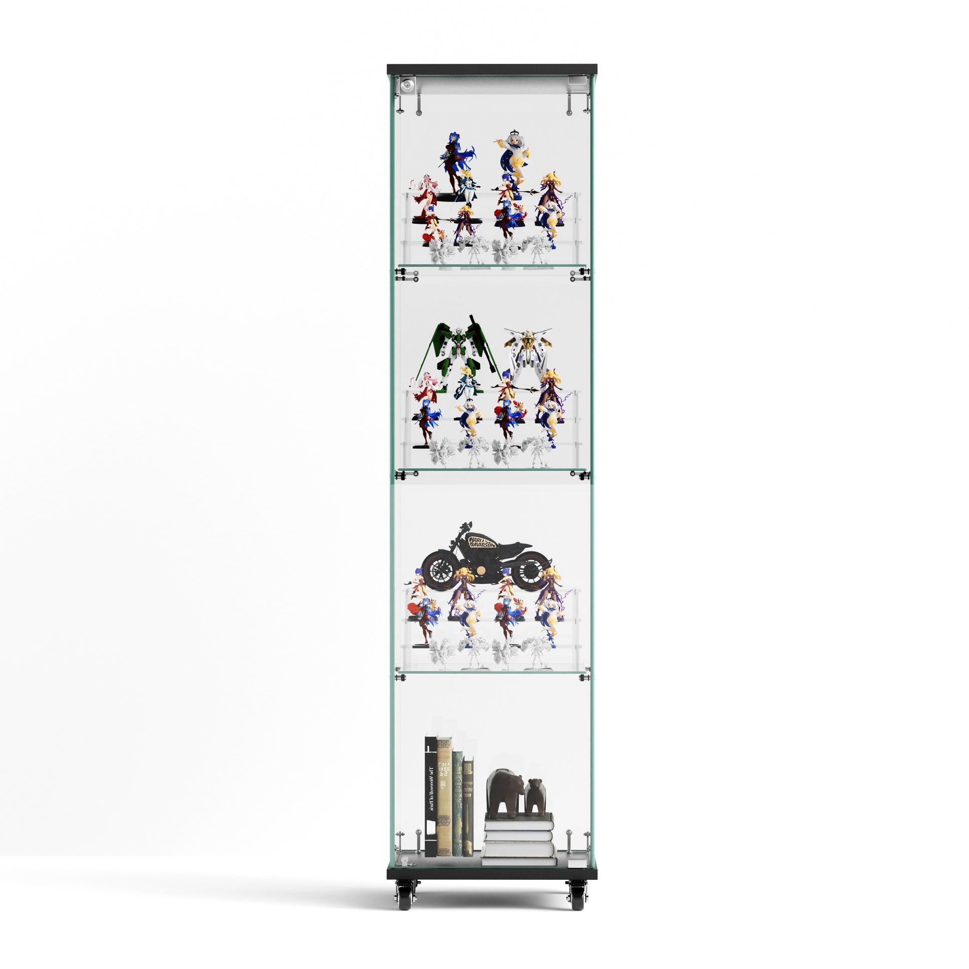 4 Tier Glass Display Cabinet, Single Door Glass Cabinet With Lock And Wheels, Floor Standing Storage Cabinet With 3 Acrylic Shelves For Living Room, Bedroom And Office, Black, 15.8"L X 14.2"W X