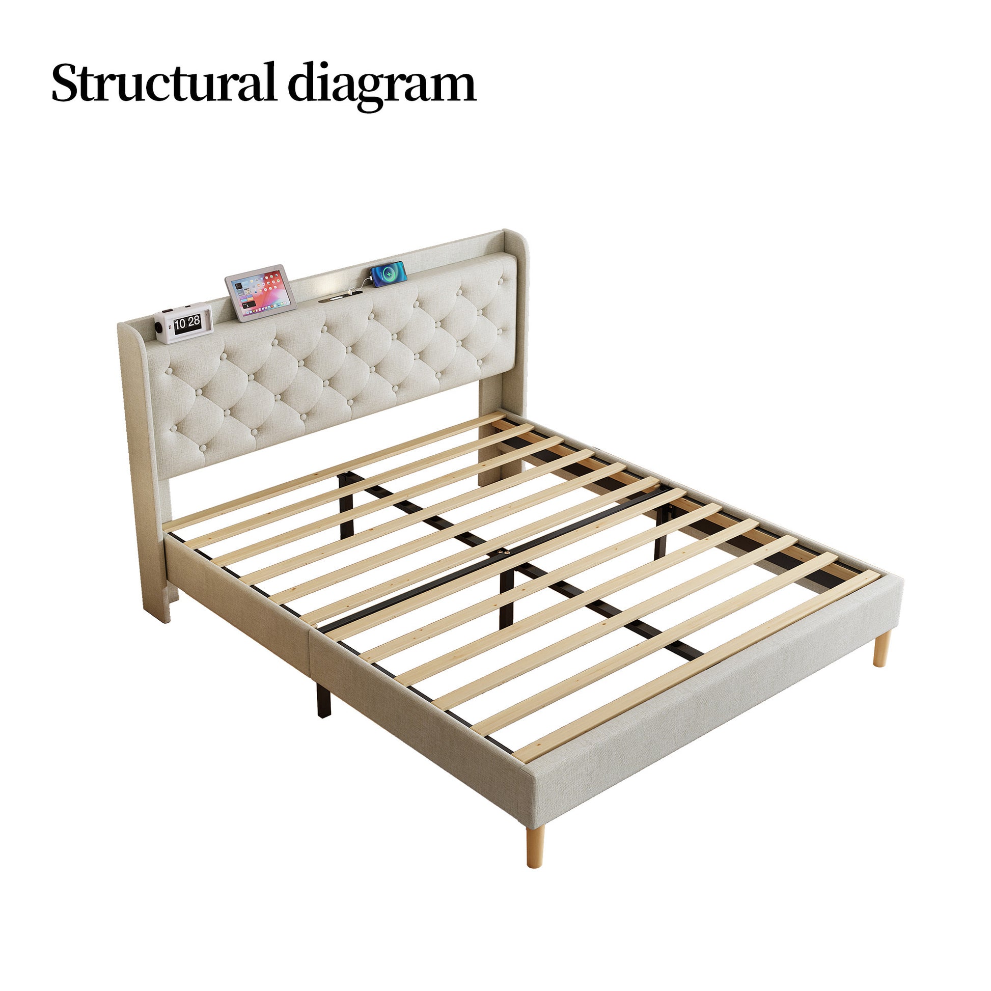 Queen Size Bed, Mesh Backboard Beautiful, With Led Lights, Cotton And Linen Fabric, Frame Stability, Easy To Assemble,Light Gray Queen Light Gray Mdf Acacia
