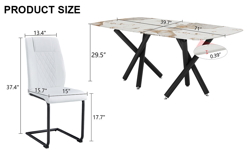 1 Table And 8 Chairs Set.A Rectangular Dining Table With A 0.39 Inch Imitation Marble Tabletop And Black Metal Legs.Paired With 8 Chairs With Pu Leather Seat Cushion And Black Metal Legs.F 1538,C 001 White Black Glass Metal