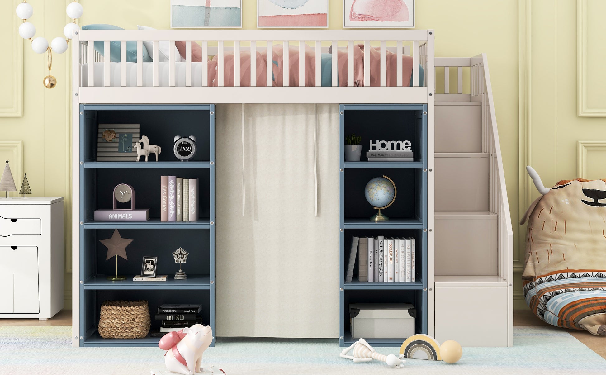 Full Size Loft Bed With 2 Four Layer Storage Cabinets And Curtain,White Blue White Solid Wood Mdf