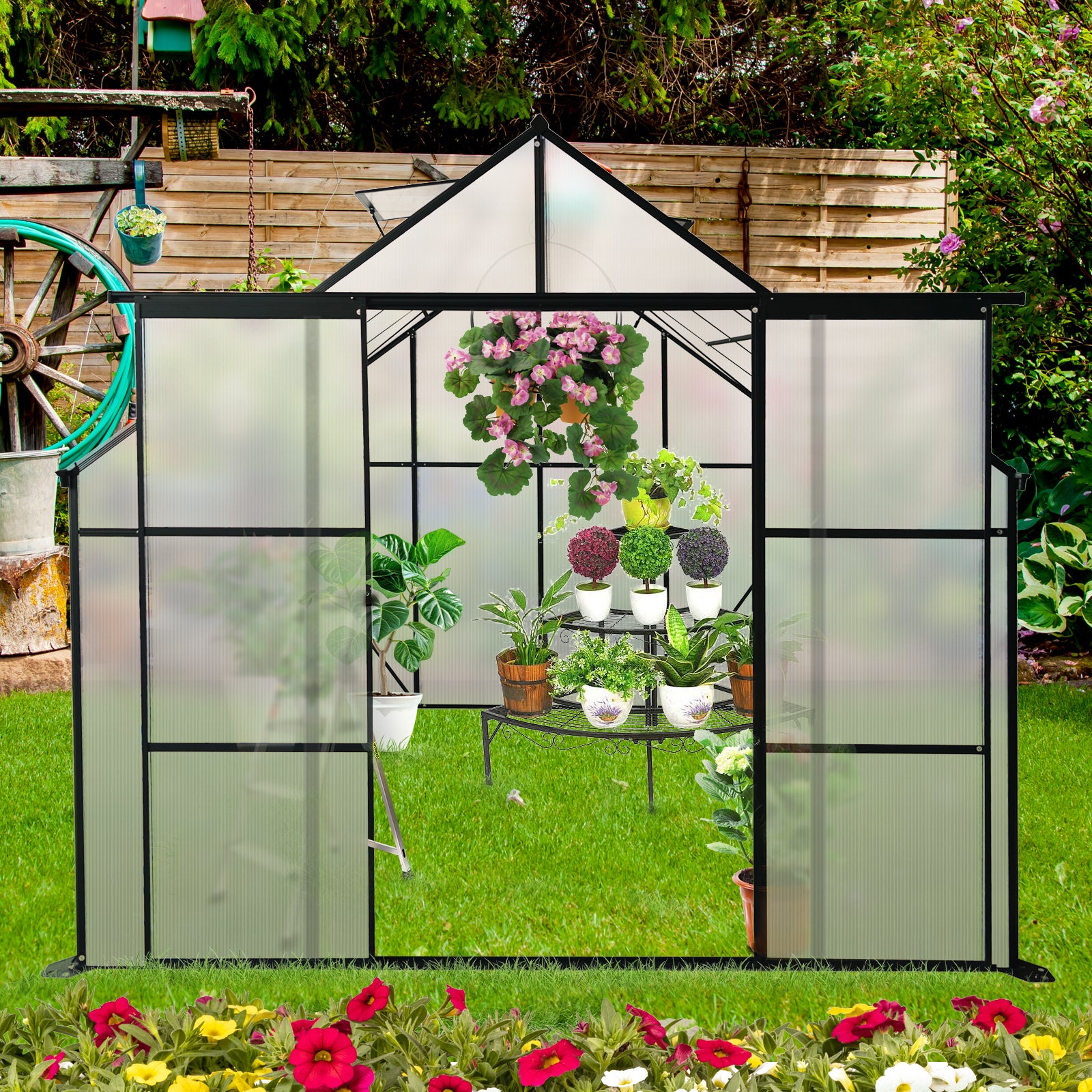 8X8 Ft Double Door Polycarbonate Greenhouse Raised Base And Anchor Aluminum Heavy Duty Walk In Greenhouses For Outdoor Backyard In All Season,Black Black Aluminium