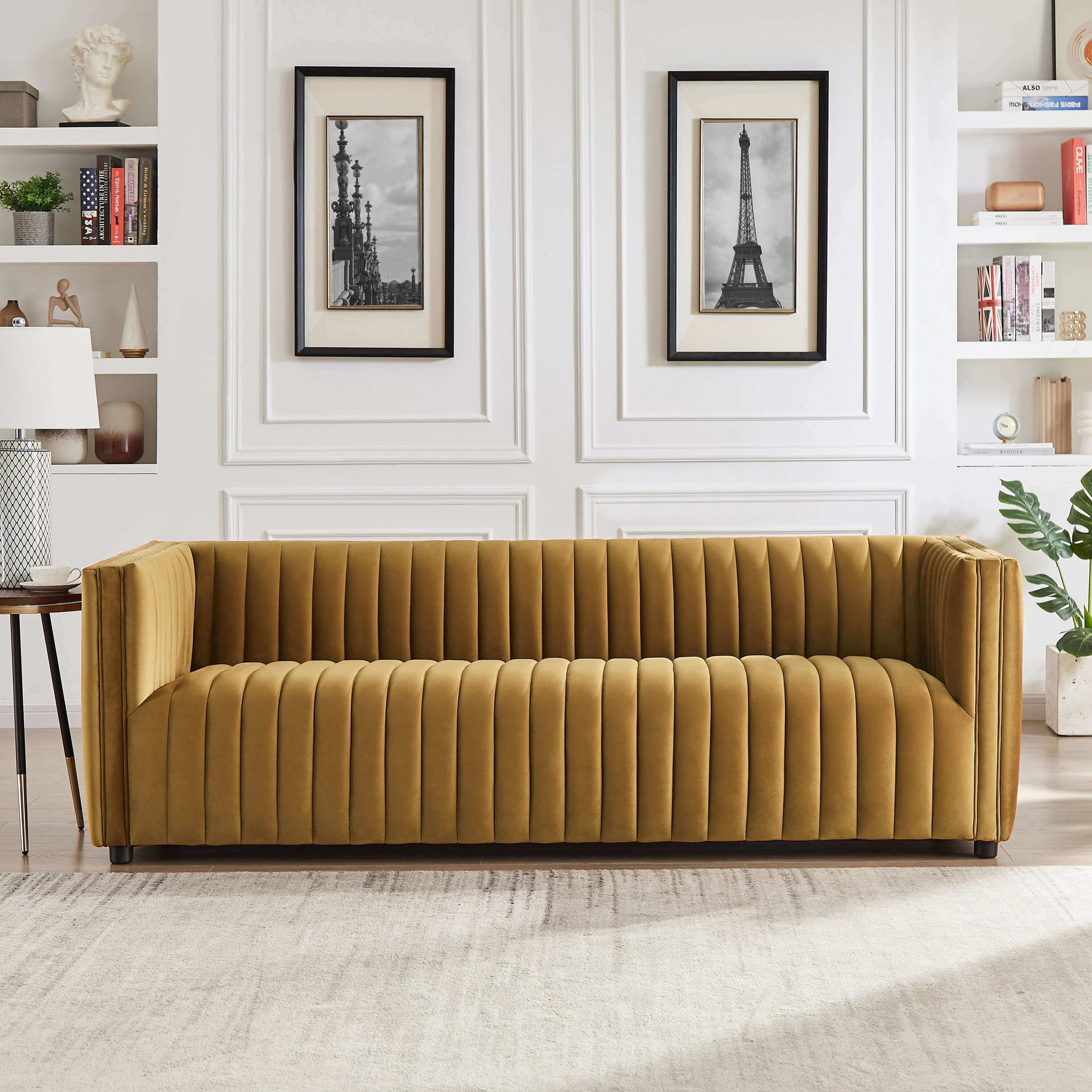 Dominic Channel Tufted Velvet Sofa Dark Yellow Velvet Wood Primary Living Space Tufted Back Mid Century Modern Foam Velvet 3 Seat