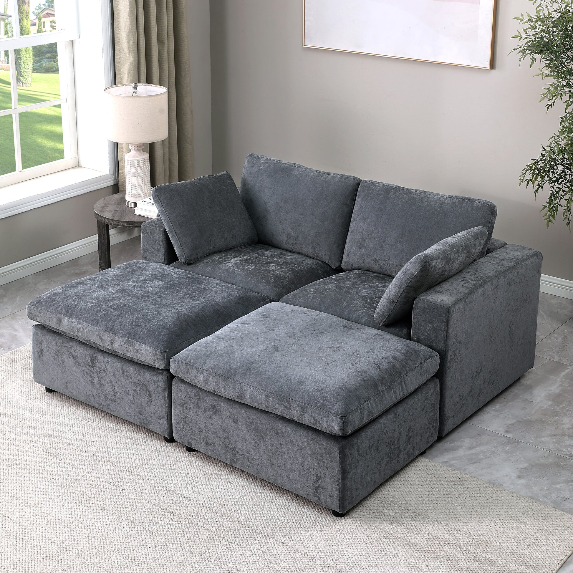 68.5" Loveseat Sofa With 2 Ottoman Modular Sofa Sleeper Couch Set Upholstered Couch For Living Room Apartment Small Space, Chenille Grey Grey Fabric 4 Seat