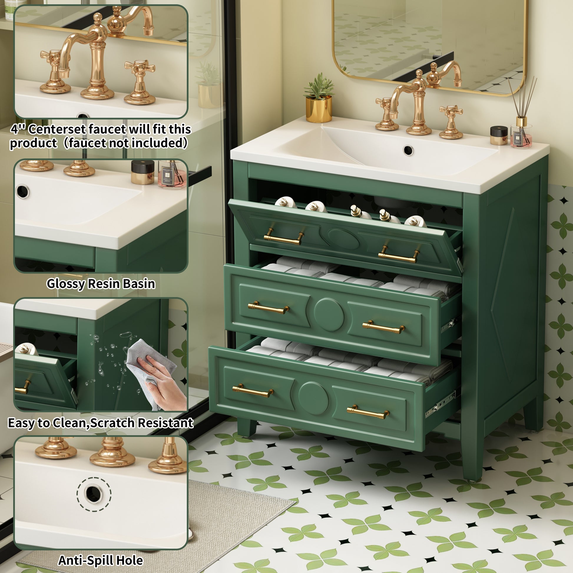 30'' Bathroom Vanity With Resin Sink Combo, Free Standing Single Vanity Set With 3 Drawers, Solid Wood Frame Bathroom Storage Cabinet, Green 3 Green Bathroom Freestanding Solid Wood Mdf Resin Painted