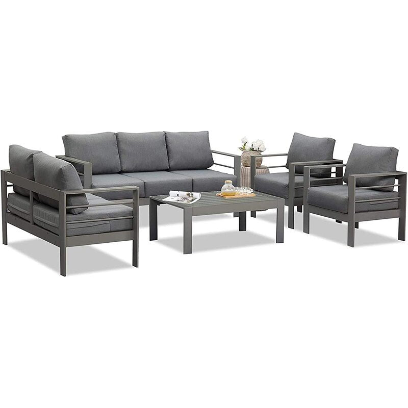 5 Pieces Outdoor All Weather Conversation Set, Sectional Sofa, Aluminum Couch Dark Gray Cushions Grey Aluminium