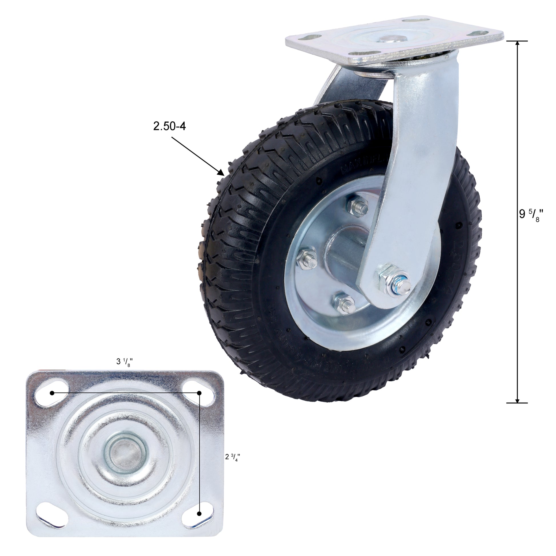 4Pcs 8In Caster Pneumatic Tire 2Pcs Swivel 2Pcs Rigid , Caster Wheel, Swivel Plate, Steel Hub With Ball Bearings, 5 8 Inch Bore Centered Axle Black Black Rubber