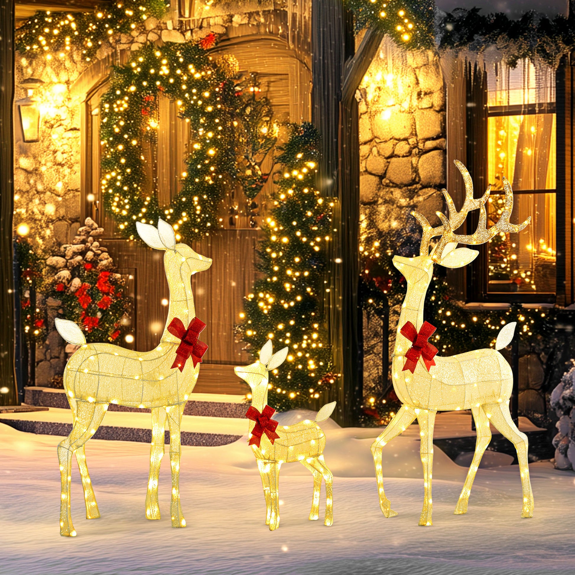 Outsunny 4.5Ft 3 Piece Light Up Christmas Deer Family Set Of 3, Lighted Reindeer Christmas Decorations With 2 Led Light Modes, Stakes, Zip Ties For Indoor, Outdoor, Yard, Lawn, Silver Silver Steel