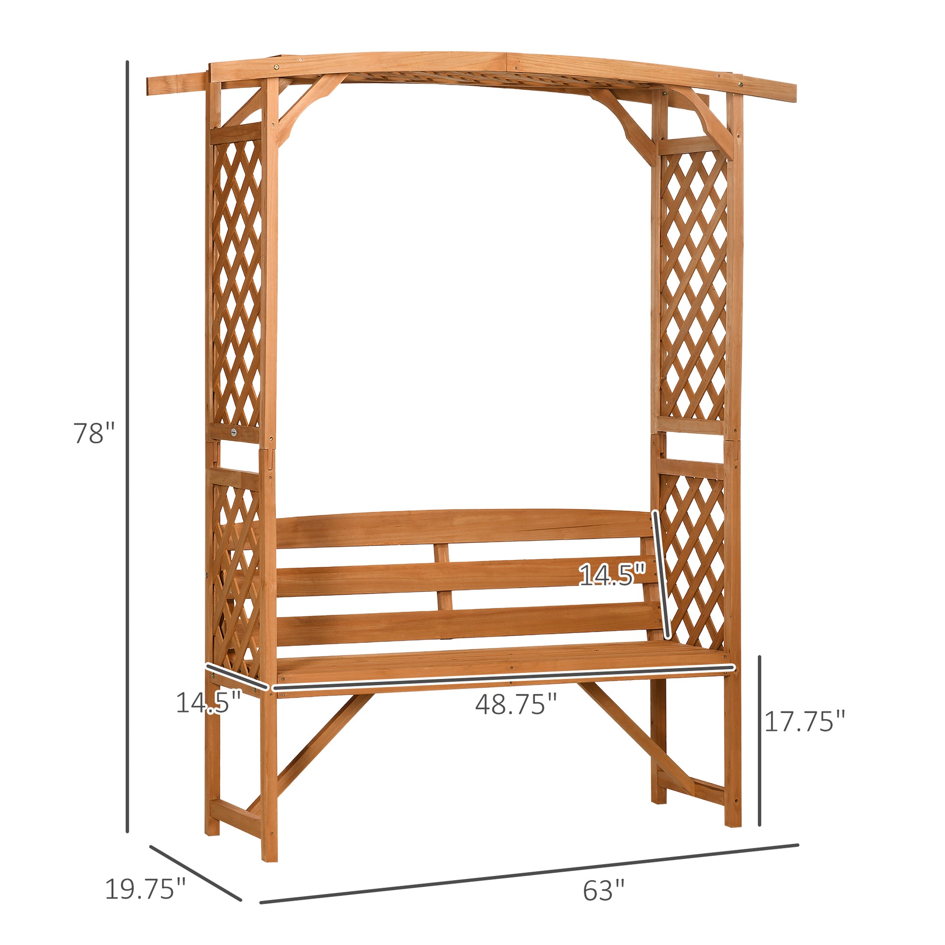 Outsunny Patio Garden Bench Arbor Arch With Pergola And 2 Trellises, 3 Seat Natural Wooden Outdoor Bench For Grape Vines & Climbing Plants, Backyard Decor, Brown Brown Wood