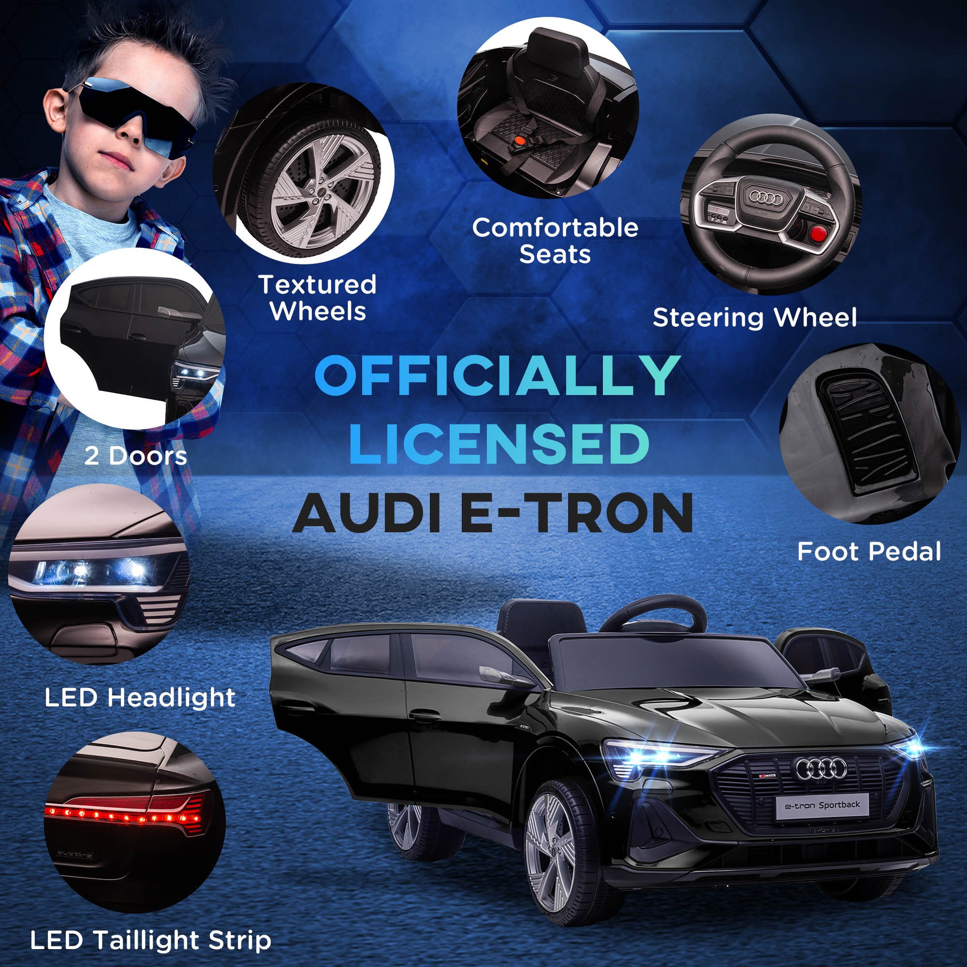 Aosom 12V Kids Electric Ride On Car, Audi E Tron, Battery Powered Toy With Parent Remote Control, Suspension System, Auxiliary Wheels, Led Lights, Music And Horn, Mp3 Player, Black Black Iron Plastic