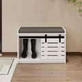 Modern Shoe Storage Bench, 2 Tier Entryway Bench With Sliding Barn Door & 2 Adjustable Shelves & Full Soft Removable Seat Cushion For Entryway, Hallway, Bedroom White White Mdf