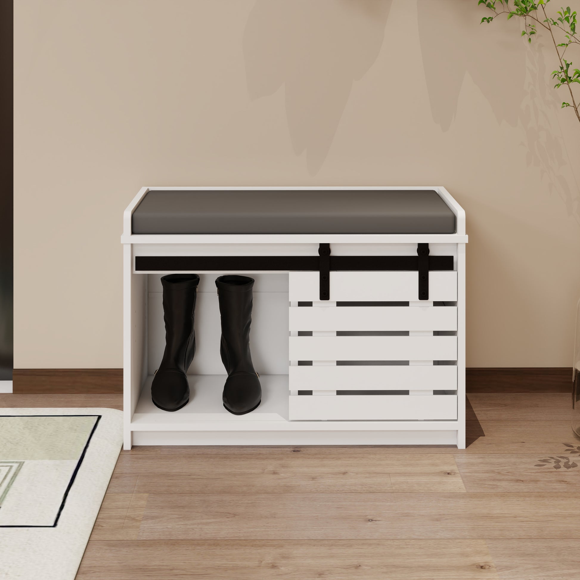 Modern Shoe Storage Bench, 2 Tier Entryway Bench With Sliding Barn Door & 2 Adjustable Shelves & Full Soft Removable Seat Cushion For Entryway, Hallway, Bedroom White White Mdf