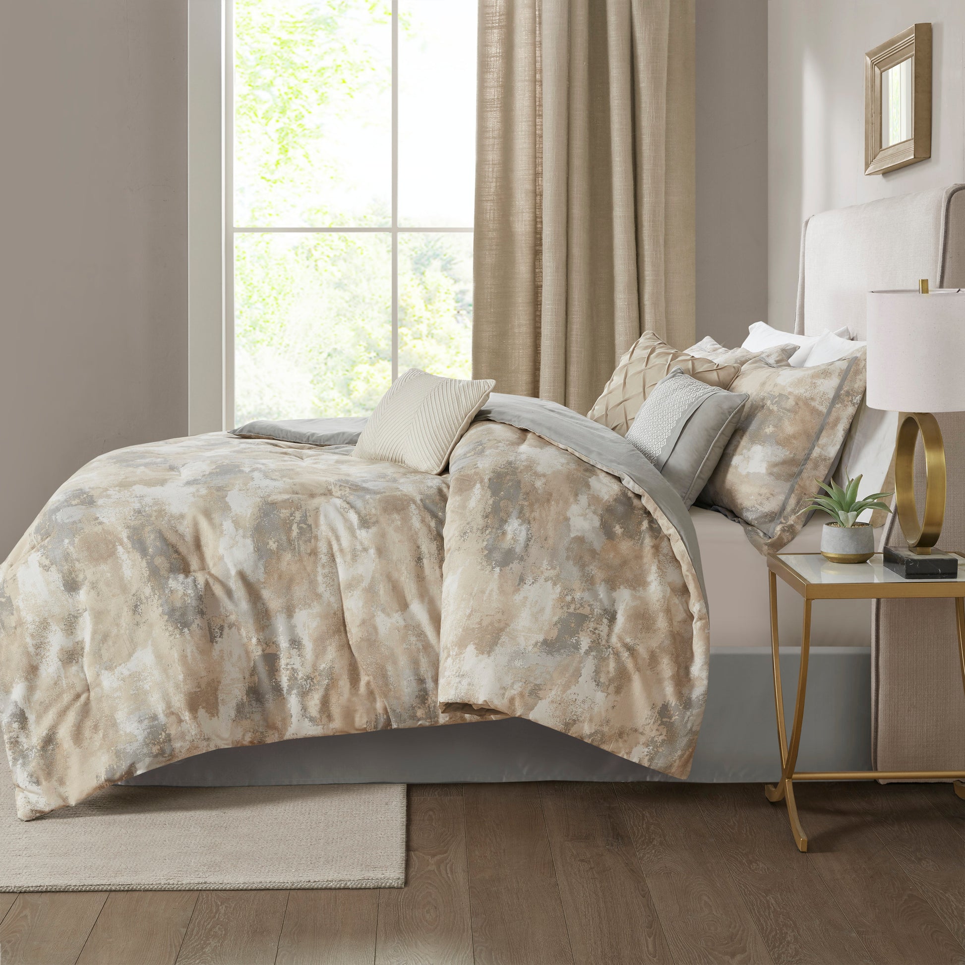 7 Piece Textured Cotton Blend Comforter Set Gray Queen Queen Multicolor Polyester