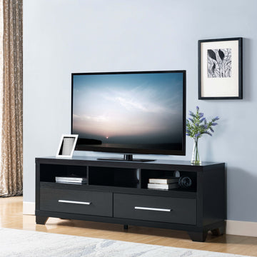 Sleek Black Tv Stand Stylish Storage With Three Shelves And Two Drawers Black 60 69 Inches Mdf