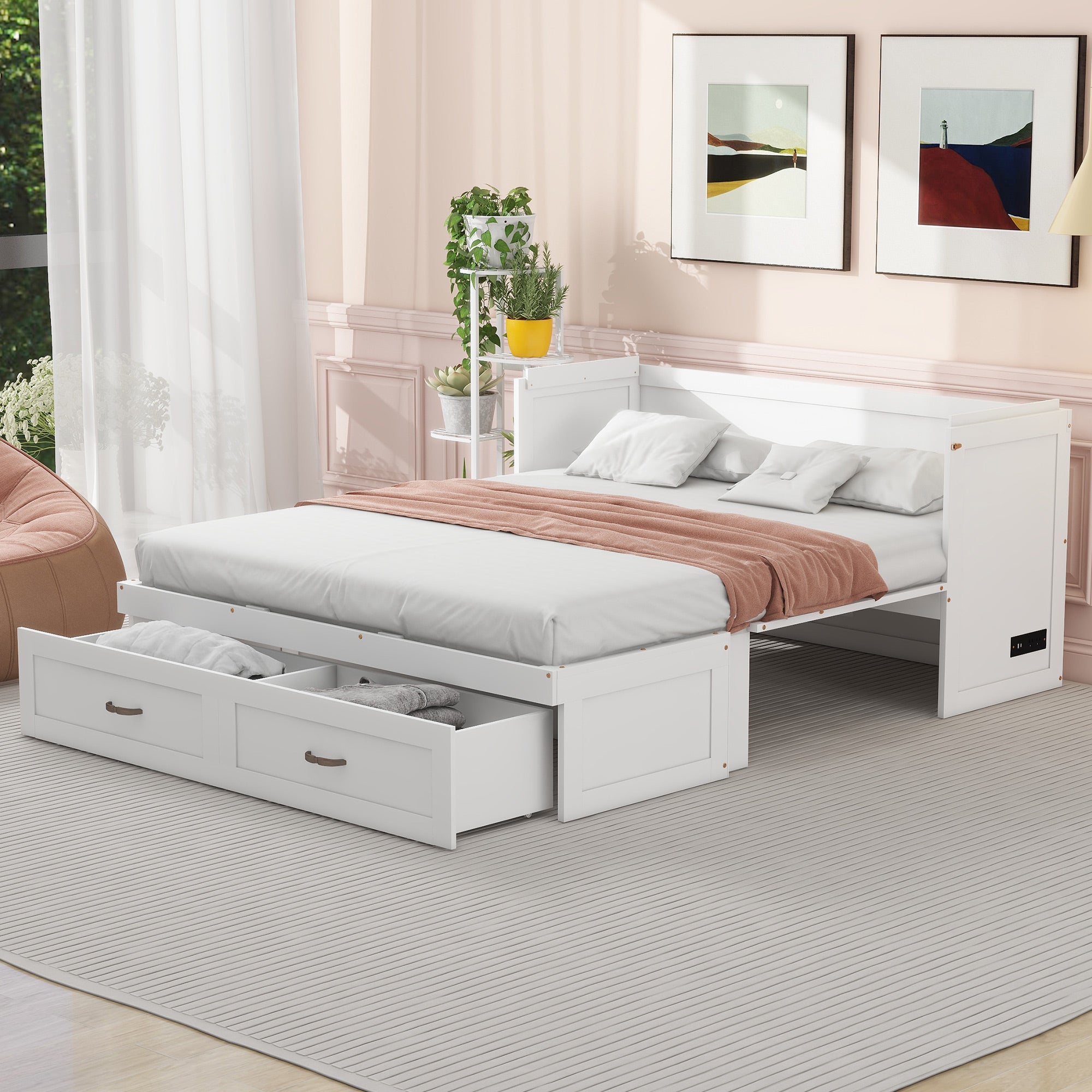 Queen Size Murphy Bed With Usb Ports, Large Drawers And Metal Handles, White Queen White Solid Wood Mdf