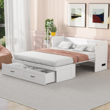 Queen Size Murphy Bed With Usb Ports, Large Drawers And Metal Handles, White Queen White Solid Wood Mdf