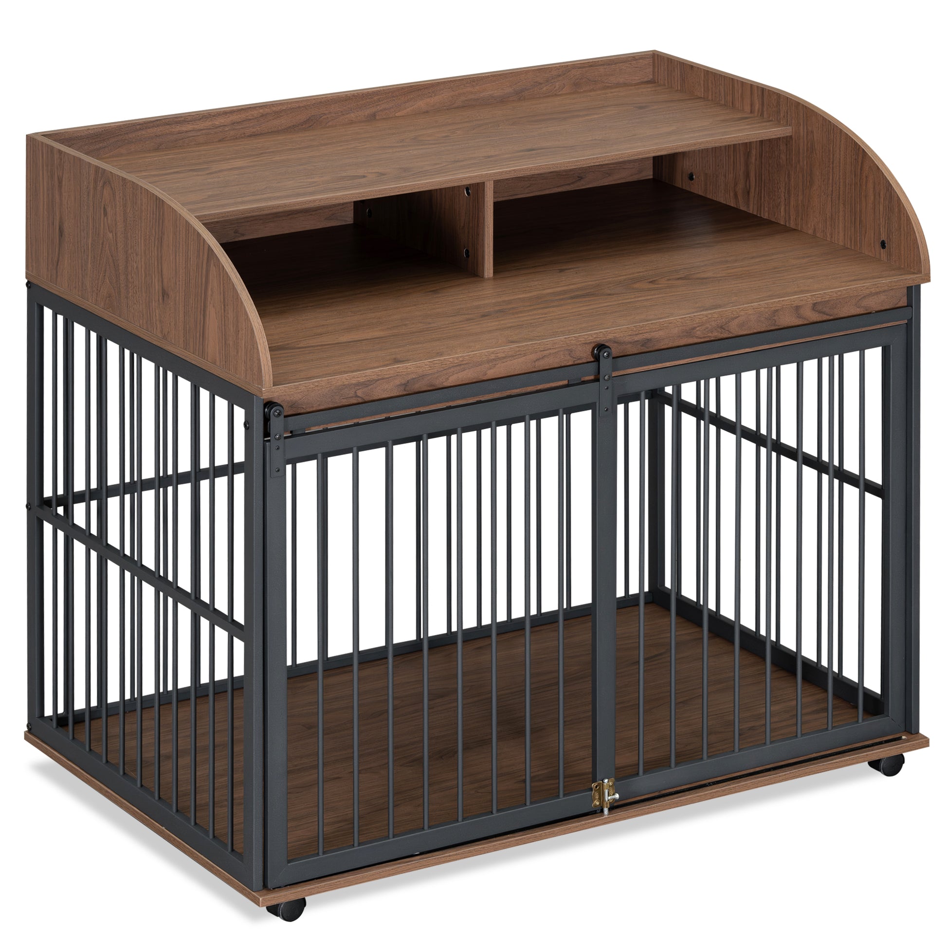 44'' Heavy Duty Large Dog Crate Furniture For Large Medium Dog With Lockable Wheels, Wooden Dog Crate Dog Kennel, End Table Crate With Double Layer Storage, Brown Brown Engineered Wood