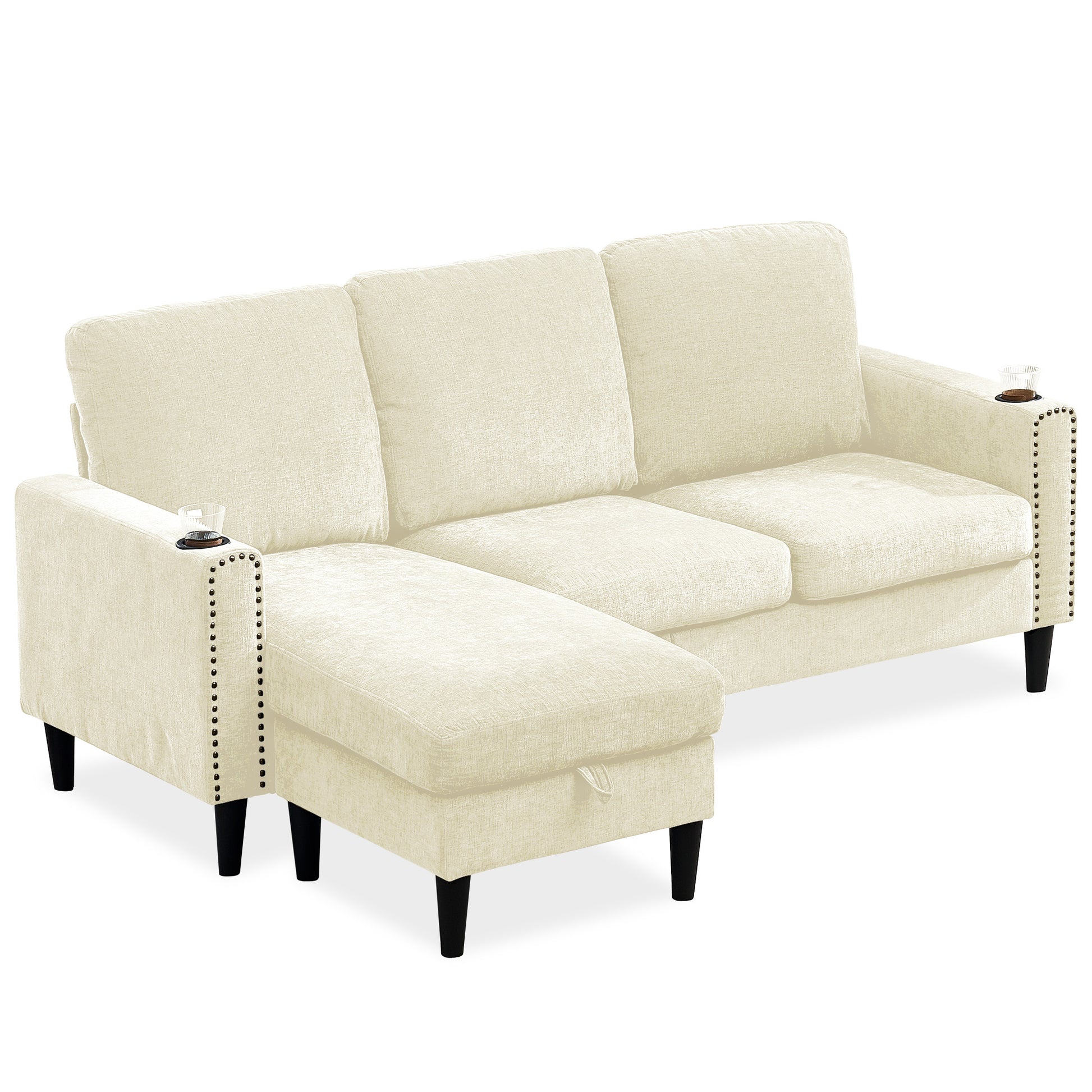 Modern Design Chenille 3 Seat L Shape Sectional Sofa With Storage Chaise For Apartment, Studio, Office,Living Room,L Shape Off White Off White Chenille Metal Primary Living Space Soft Modern Foam