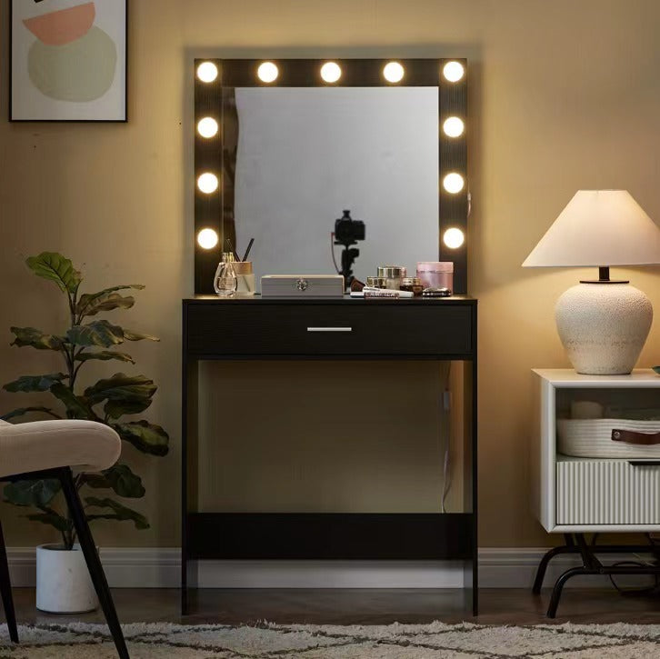 Vanity Desk With Mirror And Lights, Dressing Table With Large Drawer, 1 Level Storage Dresser & 3 Lighting Modes Adjustable Brightness, Suitable For Bedroom Black Black Particle Board