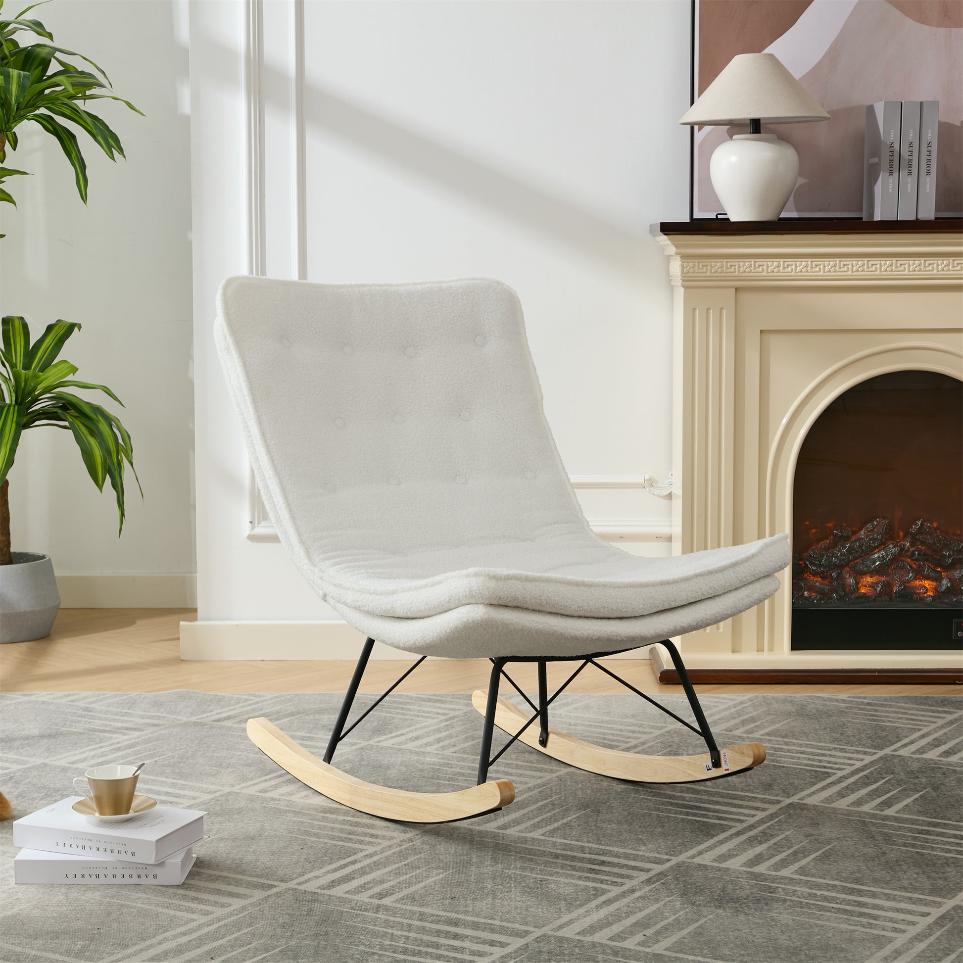 Lazy Rocking Chair,Comfortable Lounge Chair With Wide Backrest And Seat Wood Base, Upholstered Armless Rocker Chair For Living Room, Balcony,Bedroom And Patio Porch. White Cushion Iron White Primary Living Space Sponge Square Casual Rocking Chairs