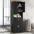 Tall Bathroom Cabinet With Four Doors, Large Storage Space Open Shelve, Upper Storage Cabinet, Black Black Mdf