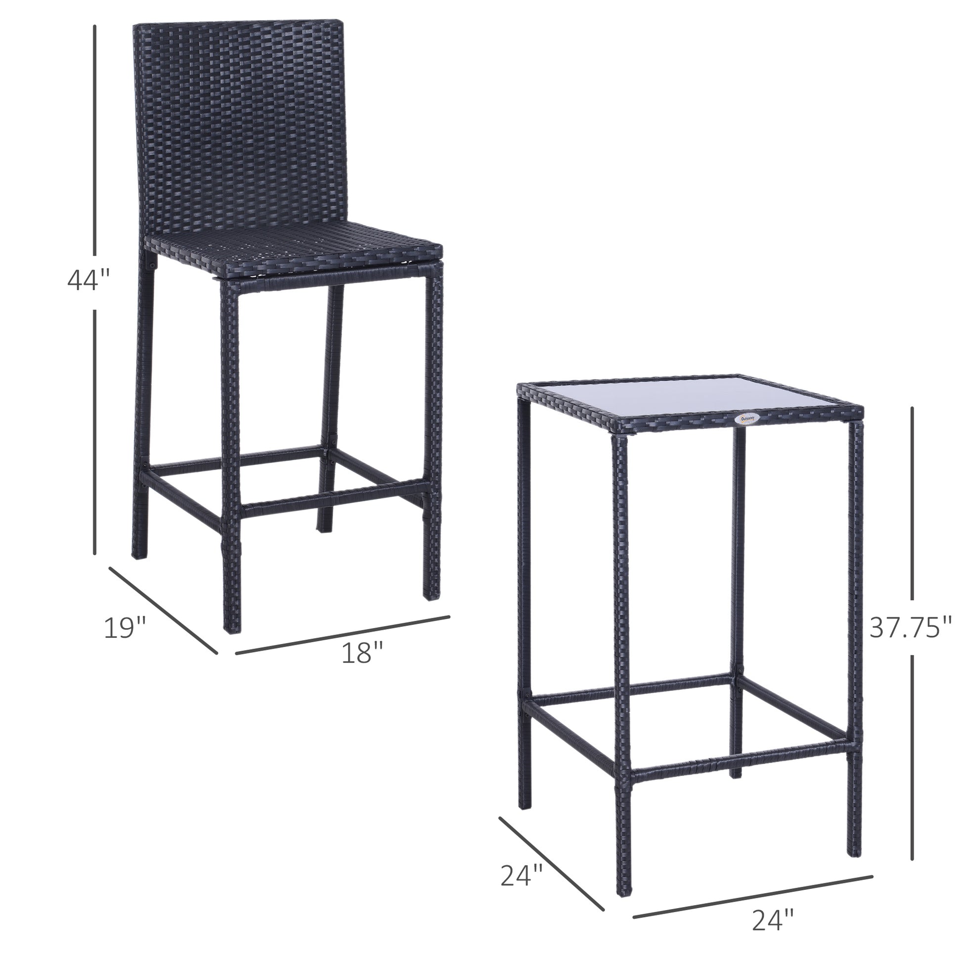 Outsunny 3Pcs Rattan Bar Set With Glass Top Table, 2 Bar Stools For Outdoor, Patio, Garden, Poolside, Backyard Black Aluminum