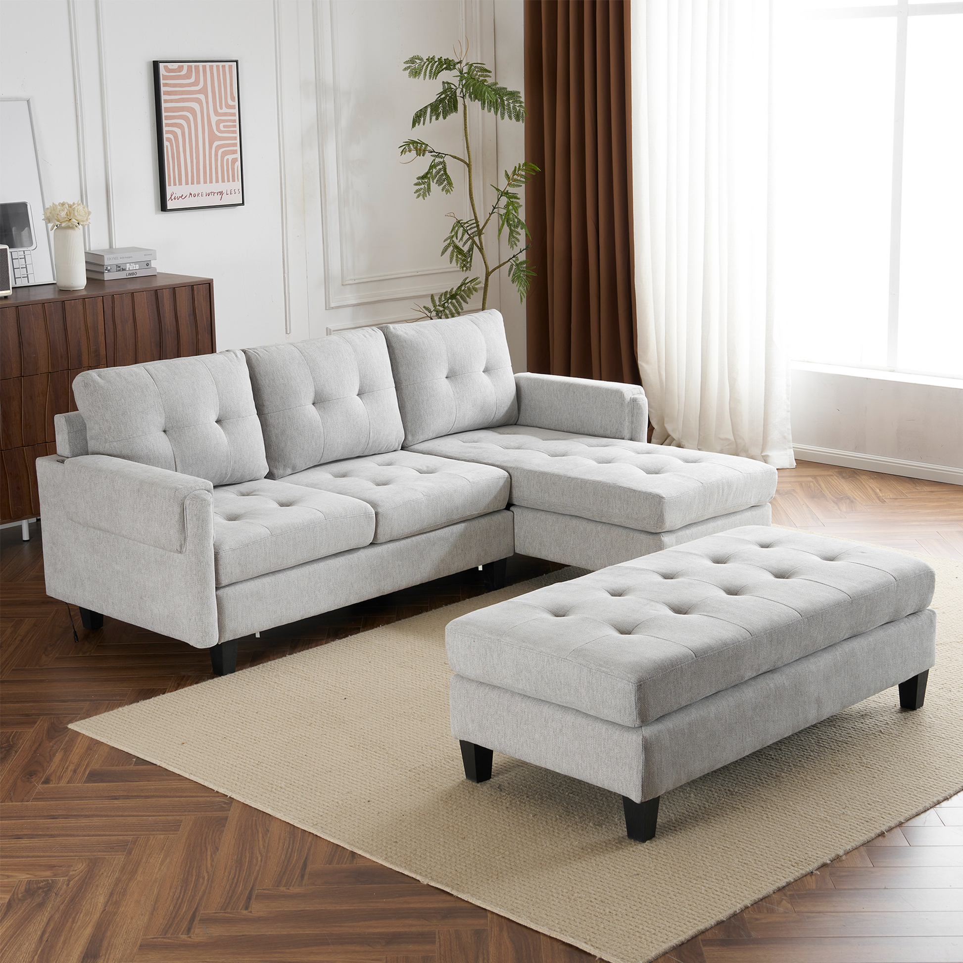 83.4" L Shaped Sofa Sectional Couch Sofa Bed With Two Usb Ports, A Movable Ottoman And A Reversible Chaise Lounge For Living Room, Grey Grey Foam Chenille 5 Seat