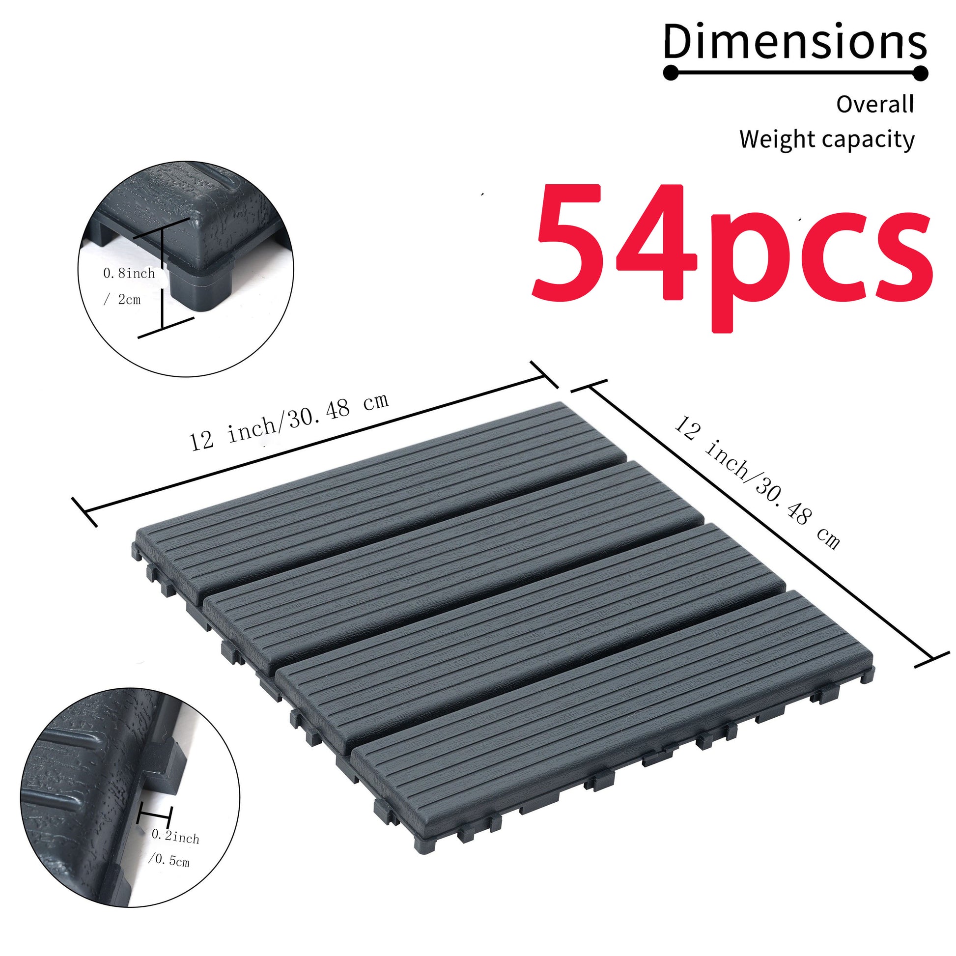 54 Pack Interlocking Plastic Deck Tiles 12"X12" Square Waterproof Outdoor Poolside Balcony Backyard Decking Tiles Easy Installation Sturdy Pp Material Strong Load Bearing Capacity Grey Plastic