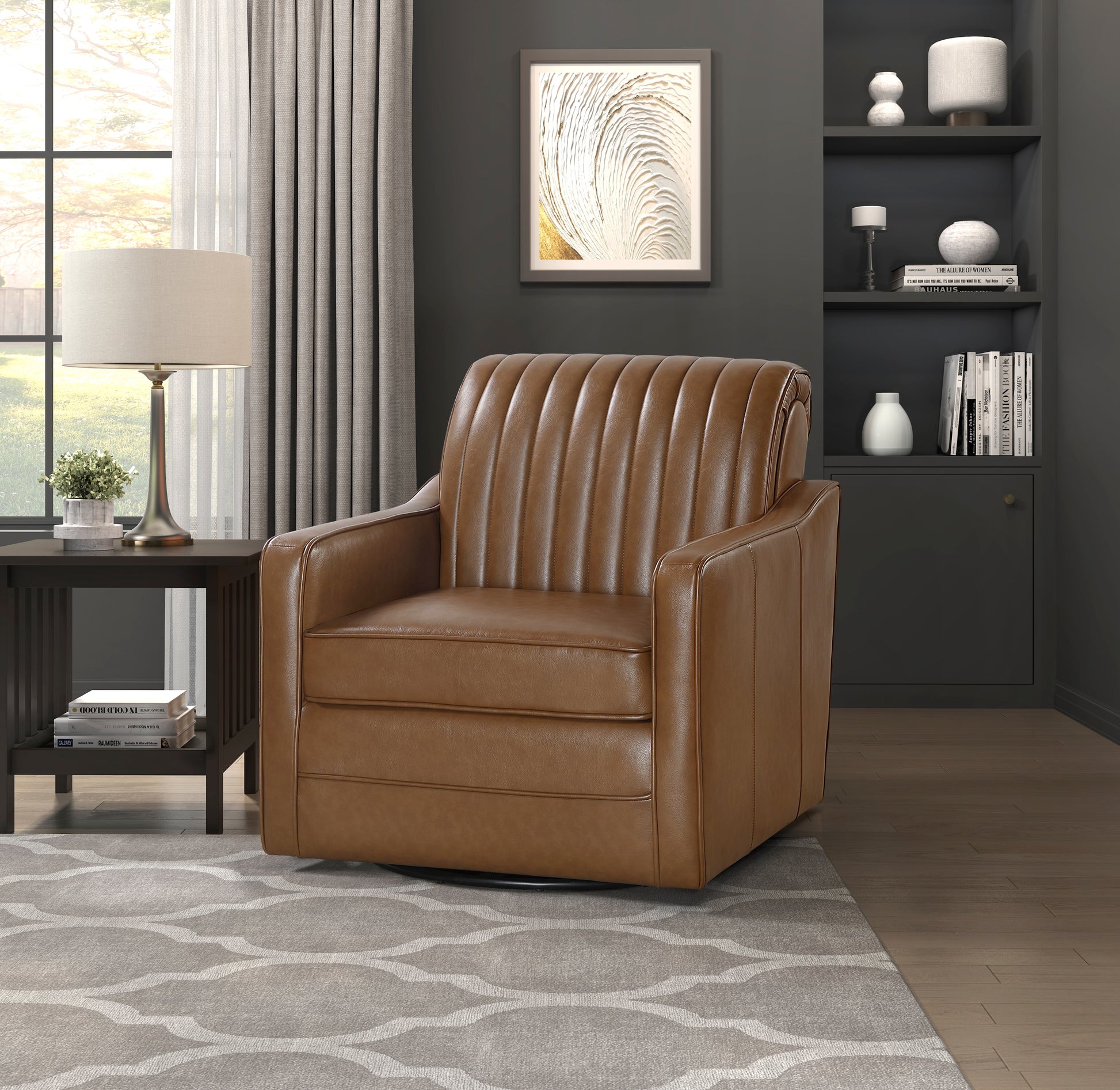 Luxurious Brown Swivel Chairfaux Leather Upholstered Channel Stitched Back Living Room Furniture 1Pc Brown Primary Living Space Modern Plywood,Solid Wood