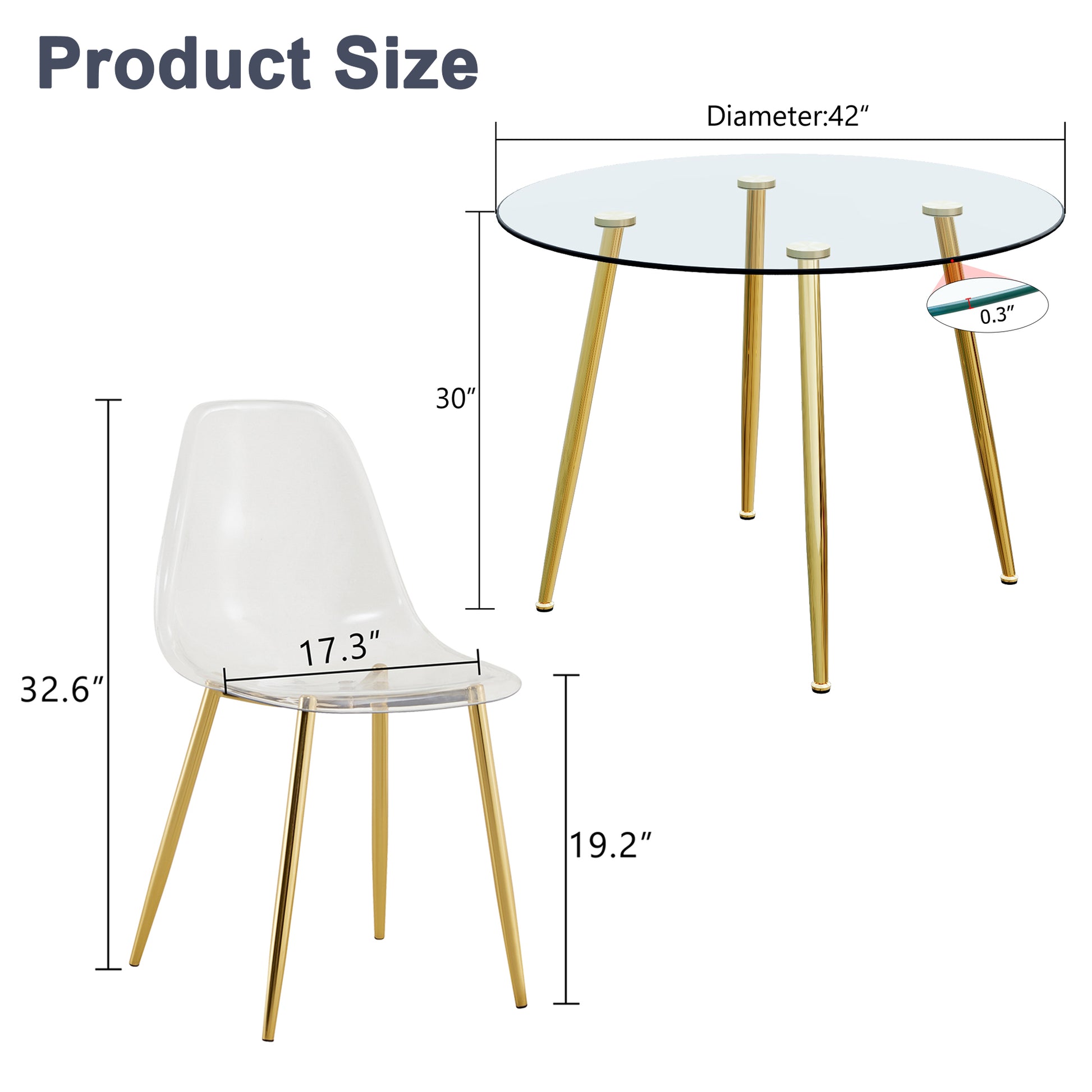 A Modern Minimalist Style Round Transparent Tempered Glass Table With Gold Metal Legs, Paired With 4 Modern Style Transparent Dining Chairs For A Luxurious Experience. Transparent Seats 4 Glass