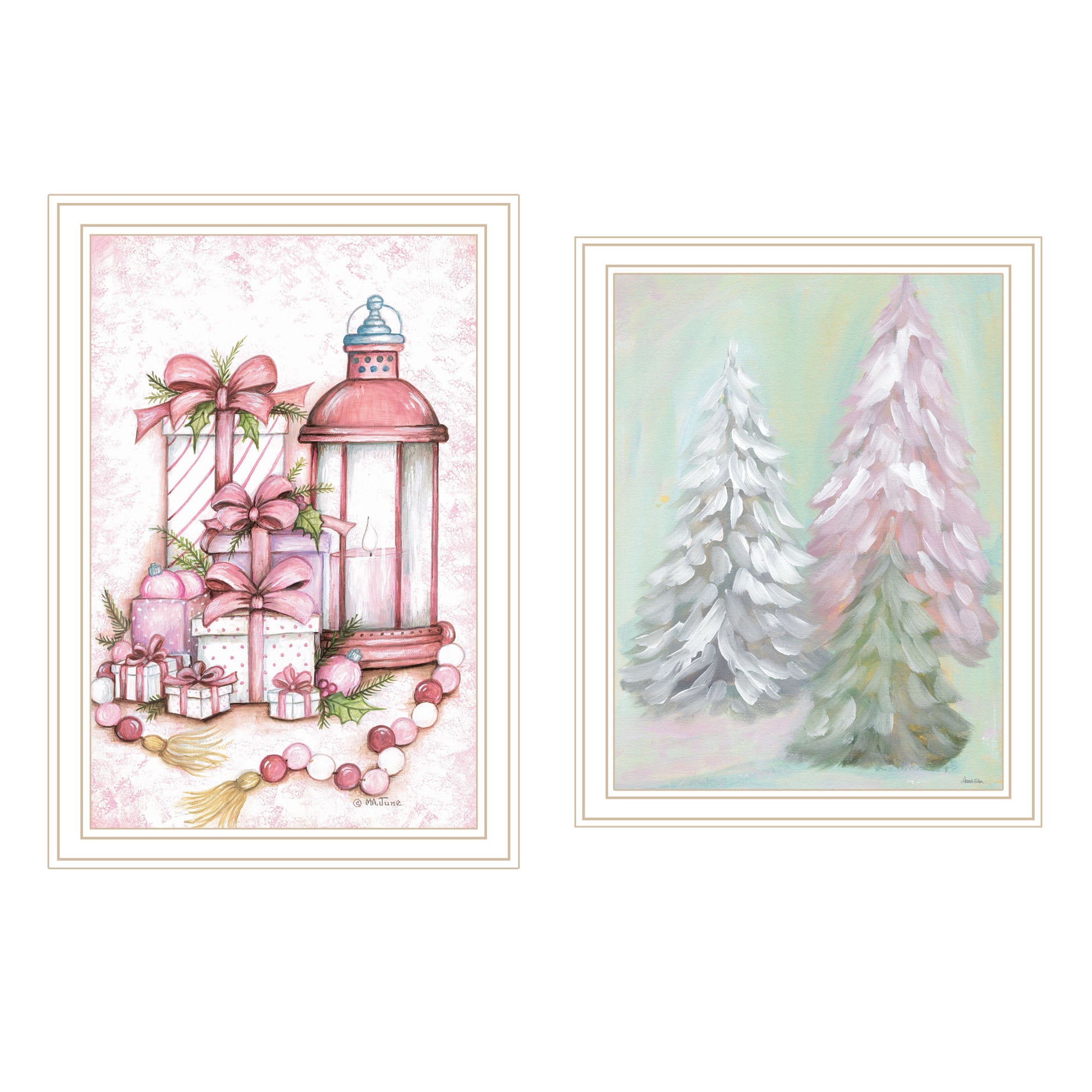 2 Piece Vignette Pink Candy Land Christmas Trees White Framed Wall Art For Living Room, Bedroom Wall Art Print For Home Decor By Mary June Multi Wood Paper