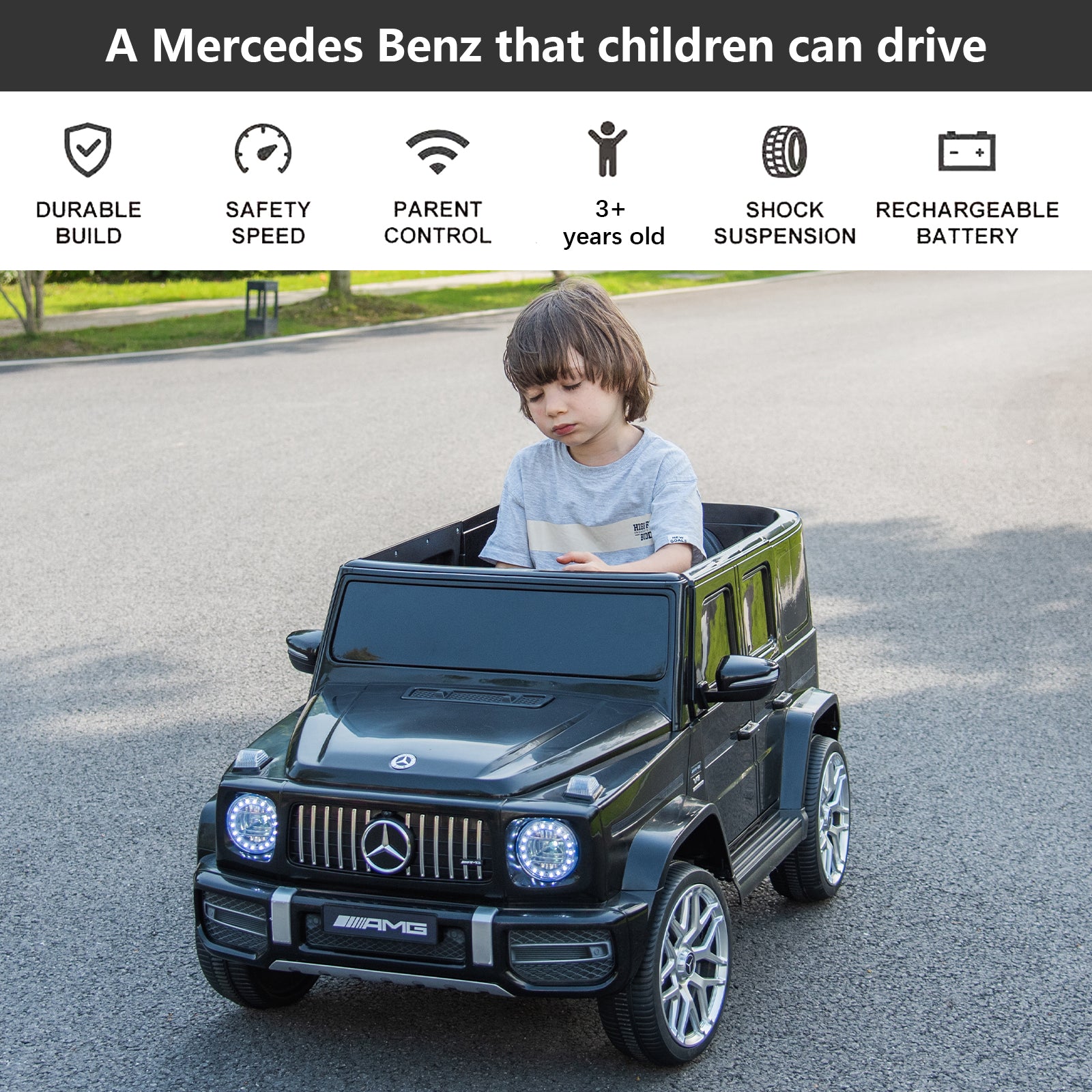 Licensed Mercedes Benz G63 Kids Ride On Car, 12V Electric Vehicle With Remote Control, Double Open Doors, Music, Bluetooth, Wheels Suspension, Battery Powered For Children Boy Girl Black Black Polyethylene