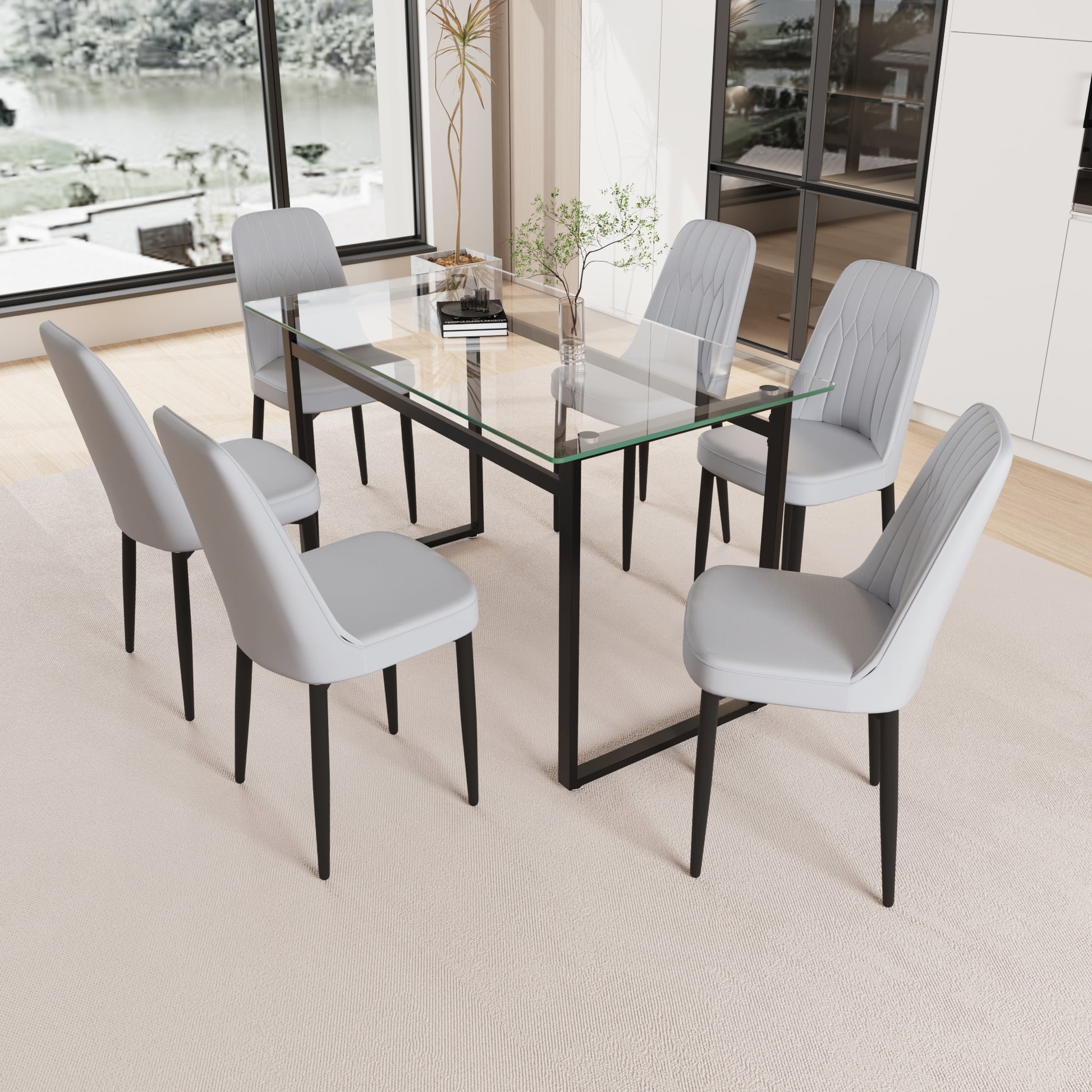 51" 6 Person Glass Dining Table Set, Kitchen Set With Black Metal Leg Dining Table And Chairs, Modern Rectangular Tempered Glass Tabletop And Dining Room Thick Cushioned Pu Dining Chairs Black Gray